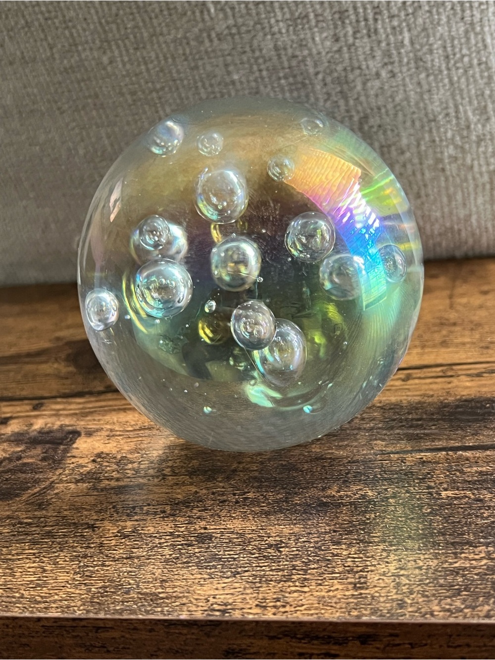 Studio glass iridescent controlled bubble paperweight 3” rainbow